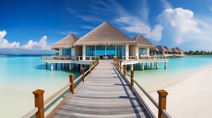 Luxurious overwater villa resort on a sunny tropical day near the ocean. Generative AI