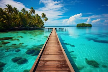 Obraz premium Serenity abounds at a tropical pier surrounded by clear blue waters. Generative AI