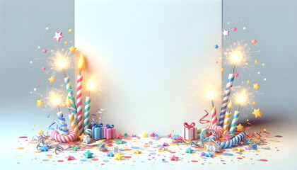 Obraz premium 3D Plain background with colorful sparklers and confetti copy space below. concept as A plain background featuring vibrant sparklers and colorful confetti symbolizing joy and festivity in celebratory 