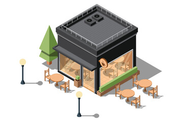 Isometric coffee shop. Isometric vector cafe building. Isometric exterior of coffee shop