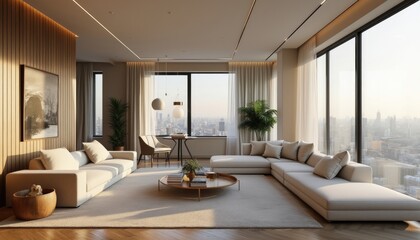 Fototapeta premium A modern living room with large windows offering a panoramic view of a city skyline. The room features a neutral color palette with white sofas, a wooden coffee table, and a large abstract painting