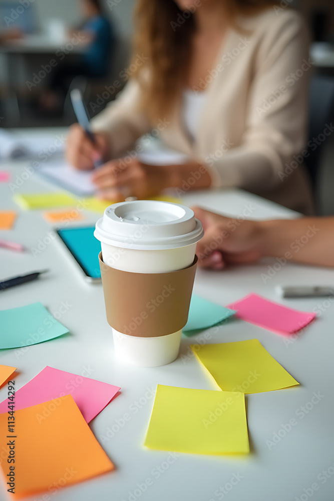 Poster ee cups and colorful note paper spark creativity during business brainstorming sessions and idea gen