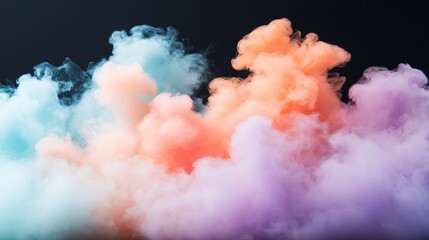 A vibrant collection of colorful smoke clouds in shades of pink, purple, orange, and blue, set against a dark background, creating a dynamic and artistic display