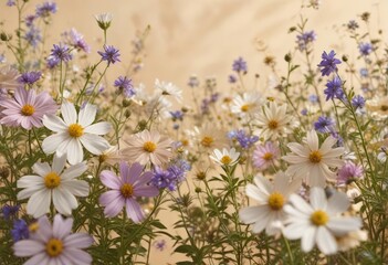 Fototapeta premium Softly blooming wildflowers against a warm beige background with scattered copy space, flowers, beige, floral arrangement
