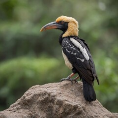 Obraz premium A juvenile hornbill with duller plumage, sitting on a small rock, isolated on white.