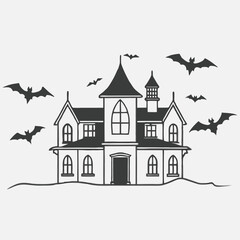 Obraz premium Illustration of silhouette a scary house. Mystical house with monsters and ghost for Halloween. Spooky house
