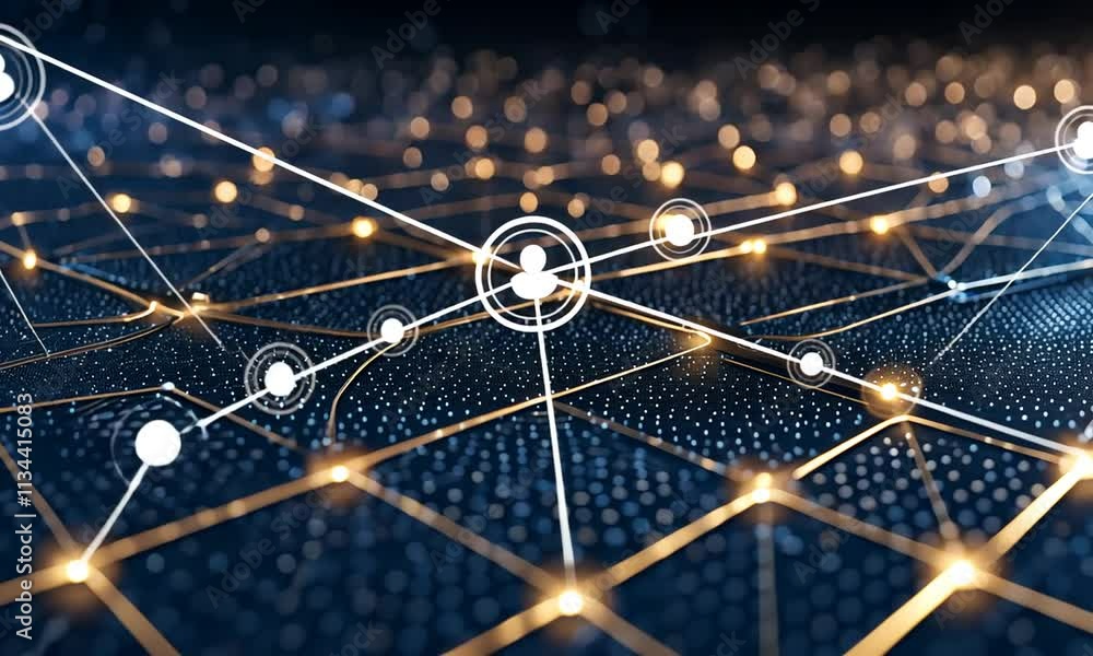 Poster abstract network: golden lines interconnecting luminous nodes on a dark blue grid