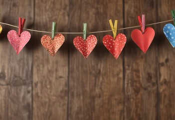 A delicate string of paper hearts hanging from wooden clothespins, paper hearts, sweet sentiment, nostalgia
