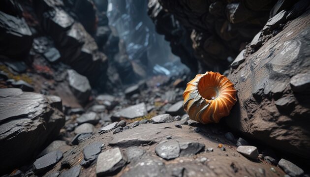 A single hexaplex nigritus shell in a rocky crevice , black murex, underwater world