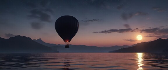 A serene air balloon floating above a calm sea at night under a full moon with gentle ripples on the water, full moon, calm sea, peaceful atmosphere