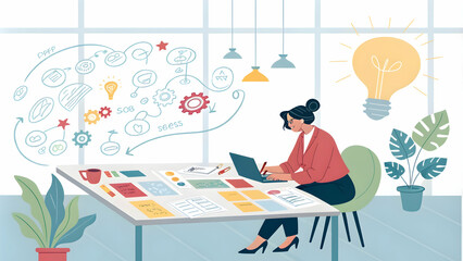 Businesswoman Brainstorming Project Ideas Symbolizing Creativity and Goal Setting with Space for Text in Stock Photo