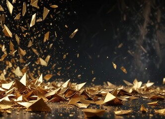 Golden glitter shards scattered across a dark, richly textured abstract background, fragmented light, dynamic explosion, shards of gold