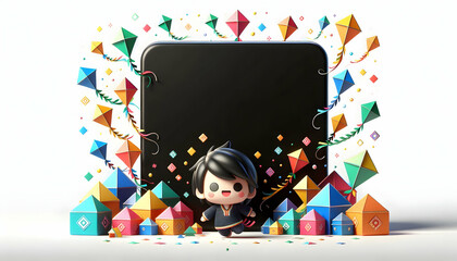 3D Plain black background with colorful kite illustrations and copy space on top. concept as Plain black image featuring colorful kite illustrations at bottom symbolizing joy freedom of Makar Sankrant