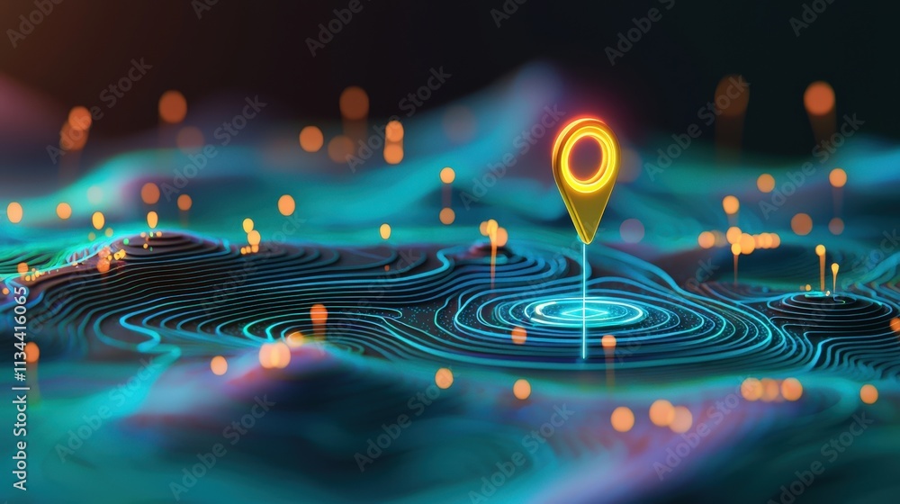 Poster a glowing navigation icon hovering over a 3d topographic map.
