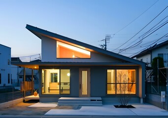 Modern Japanese House with Angled Roof and Large Windows