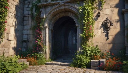 Fototapeta premium Vines and creepers snaking around an old crypt entrance, ancient, twisted