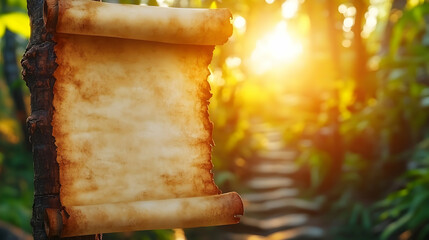 Blank parchment scroll hanging on a tree branch in a sunlit forest.