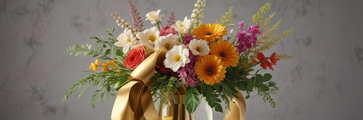 Fototapeta premium A delicate gold ribbon weaves through a bouquet of fresh flowers and leaves in a minimalist vase, simple, understated, premium