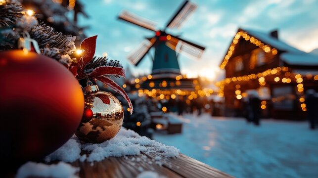A picturesque winter village scene featuring a traditional windmill and festive decorations, capturing the spirit of a magical winter wonderland filled with joy and celebration.