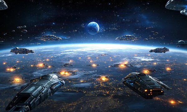 Alien Fleet Bombarding a Planet During a Galactic War