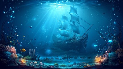 Sunken ship among coral, fish in deep ocean.