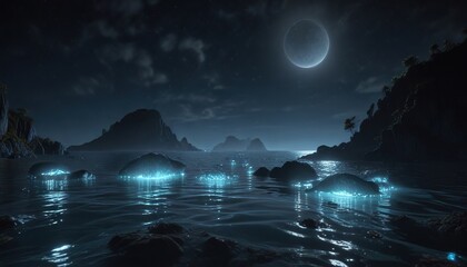 Glimmering bioluminescent organisms lighting up dark ocean waters under moonlight, glowing creatures, ethereal glow, moonlight