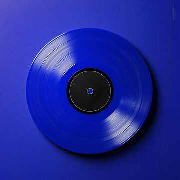 blue vinyl record displayed against a matching red background. The minimalistic design emphasizes the classic and nostalgic aesthetic of music on vinyl, creating a bold and stylish look