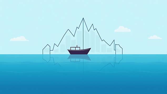 Business concept presented through a visual representation of an idealized market, depicted as a boat on a calm blue ocean with a graph._00001_