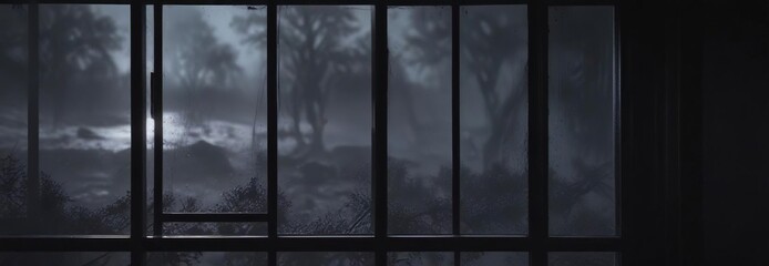 A dark and foreboding black mist settles on a window, foggy, eerie atmosphere, shroud