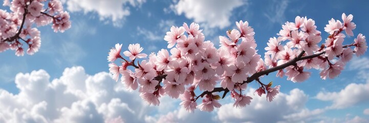 A delicate pink sakura branch against a soft blue sky with fluffy white clouds, pale pink flowers, serene landscape, flower branches