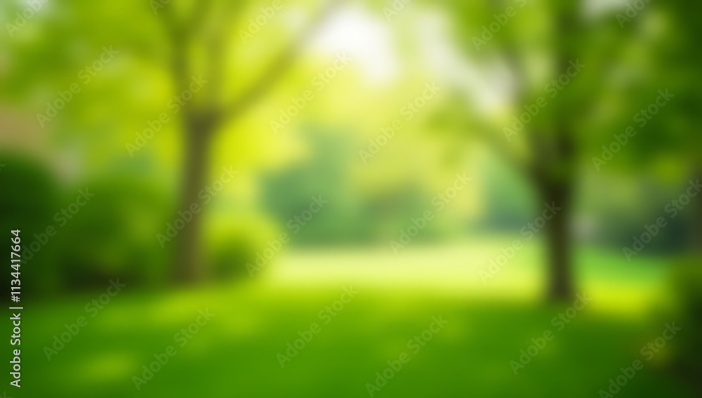 Poster bokeh effect with blurred trees creates a serene atmosphere in a lush spring or summer garden scene 