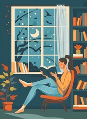 Woman Reading Book in Cozy Home with Night View