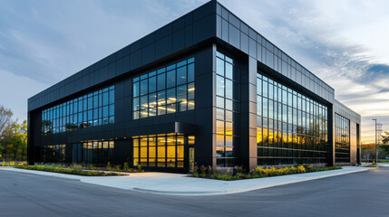 Obraz premium modern commercial building with large glass windows and sleek black exterior, surrounded by greenery and clear sky