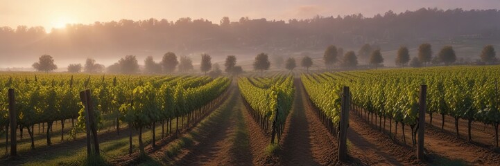 Fototapeta premium Foggy morning light casts a mystical glow on the misty vineyard, foggy, greenery