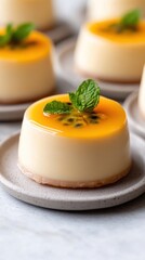 Fototapeta premium A creamy dessert topped with passion fruit and mint leaves on a small plate.