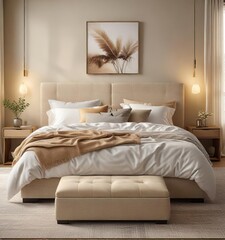 Soft beige sidebed with natural fiber headboard and ottoman , textured, bohemian decor