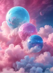 Swirling clouds of pink and blue mist with iridescent orbs , mist, orbs, colorful