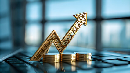 Gold Upward Trend Arrow Icon on Glossy Background Symbolizing Wealth and Financial Growth Potential with Ample Copy Space
