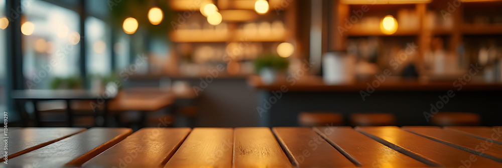 Poster A wooden table top with a counter bar features a blurred golden bokeh effect in a cozy cafe restaurant atmosphere._00002_