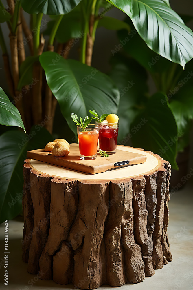 Aufkleber A wood tree stump is used as a unique product display and cutting board platform in a tropical design setting._00002_