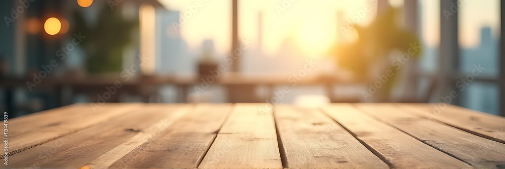 Poster A wood table top is blurred in the foreground with an abstract light background to create a selective focus effect._00002_