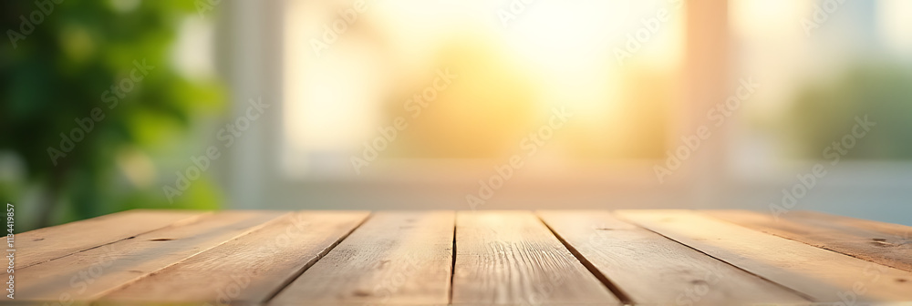 Poster A wood table top is blurred in the foreground with an abstract light background to create a selective focus effect._00001_