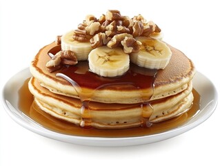 A stack of pancakes topped with banana slices, walnuts, and syrup on a plate.
