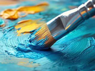 Fototapeta premium Vibrant paintbrushes on colorful swirled canvas palette of artistic expression