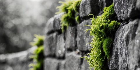 Obraz premium Green Moss Growing on a Stone Wall - Nature Texture