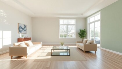 Fototapeta premium A bright and spacious living room with a large window, white walls, and light-colored hardwood floors. The room features two beige sofas, a glass coffee table, and a painting on the wall.