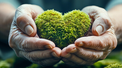 Senior woman holding heart shaped moss symbolizing love for nature and valentine's day