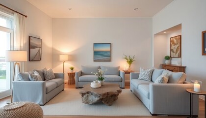 Fototapeta premium A modern and well-lit living room with a large window, white walls, and a neutral color palette featuring gray sofas, a wooden coffee table, and decorative elements such as a painting.