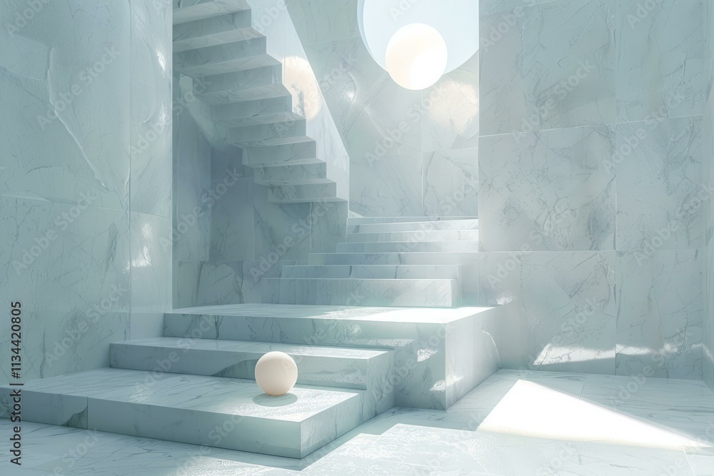 Poster marble stairs with a large sphere on the bottom step
