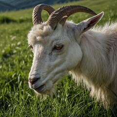 Obraz premium A close-up of a goat nibbling on fresh grass with green meadows behind it.